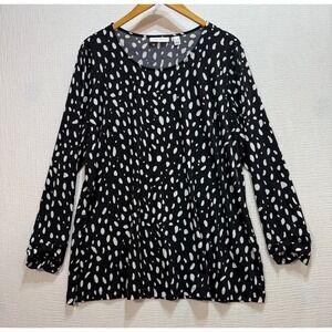 Susan Graver Knit Top Women XL Black White Dot  Ruched Cuff Long Sleeves Office
